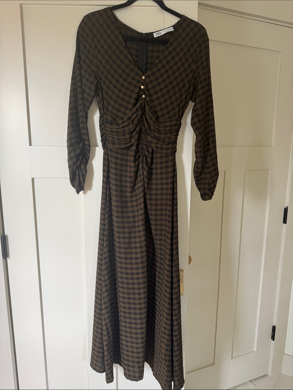 Zara Olive Plaid Ruched Maxi Dress